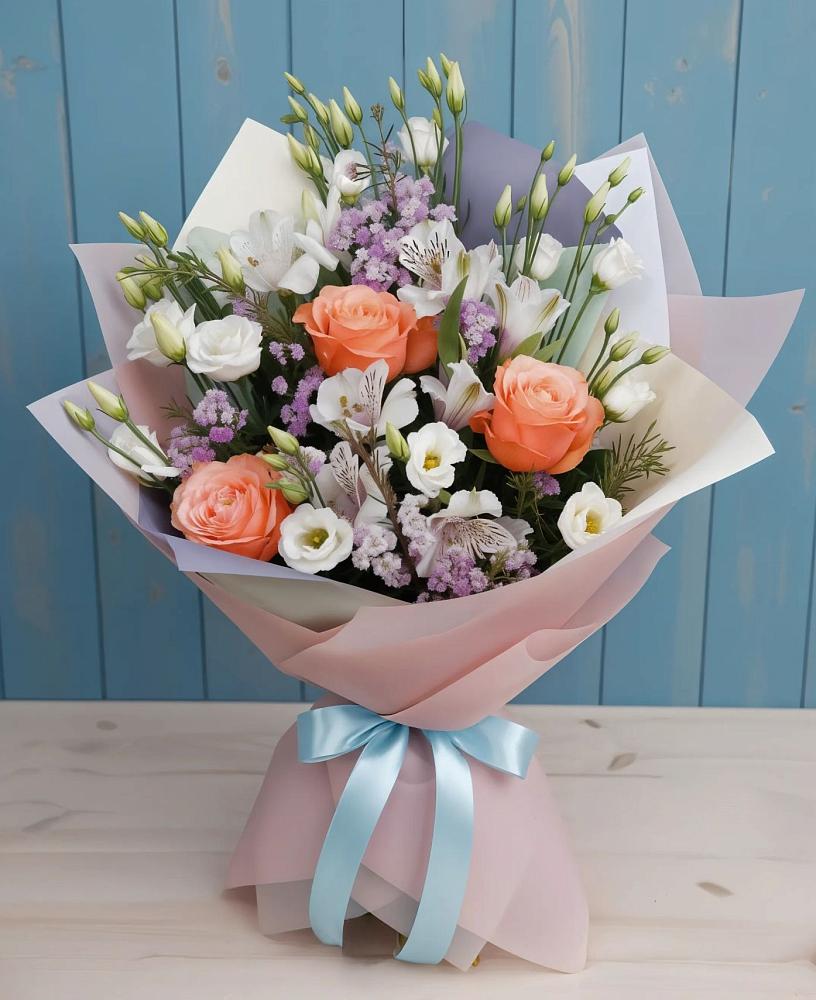 Букет цветов из: Лизиантусы, Розы, Альстромерии и Гипсофила в Сарапуле